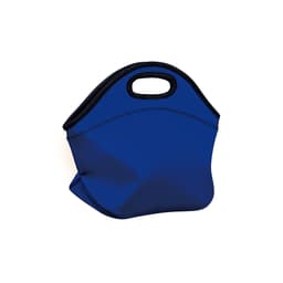 A blue neoprene lunch bag with a handle and stitched detailing, featuring a logo on the side.