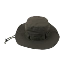 An olive green outdoor brim hat with a wide brim and an adjustable chin strap. It features a logo on the side.