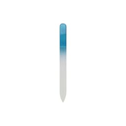 A crystal glass nail file with a blue gradient handle and a transparent filing surface.