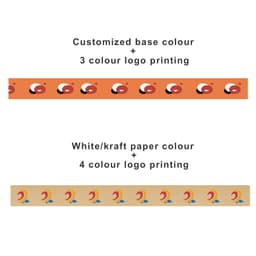 Two rolls of water-activated gummed kraft paper tape in orange and kraft paper colours, each with distinct logo designs.