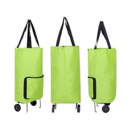 A bright green collapsible shopping trolley bag with black straps and a side pocket, featuring wheels for easy transportation.