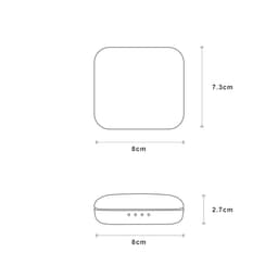 A compact, square case measuring 8cm with rounded edges, featuring three small indicator lights on one side.