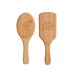 A bamboo hairbrush featuring a smooth, rounded design with a handle. It has two sides, each with different engravings.