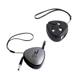 A triangular retractable portable charging cable in black and silver with a logo and a loop for easy carrying.