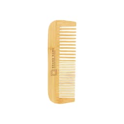 A mixed-tooth bamboo comb in a natural light wood colour, featuring a branding logo on the side.