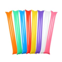 Inflatable Bang Bang Sticks in vibrant colours: orange, green, blue, yellow, purple, white, and pink, arranged in a row.