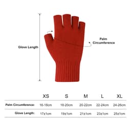 A pair of red knitted fingerless gloves with a woven label, featuring size and measurement details.