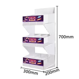 A clear acrylic display stand with three levels, measuring 700mm tall, 300mm wide, and 200mm deep.
