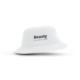 A white terry towelling bucket hat featuring a branding logo. Suitable for leisure and outdoor activities.
