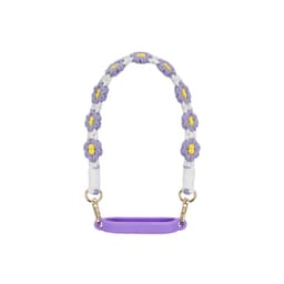 A drink bottle strap featuring a woven purple and white floral design with yellow accents and gold clips.