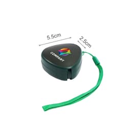 A retractable portable charging cable in a triangular green casing with a logo and a attached green strap.