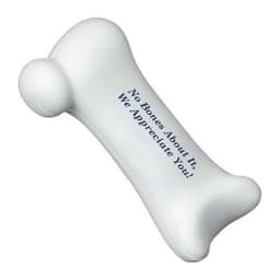 A white stress reliever shaped like a human bone with a rounded end. It features text in dark blue.