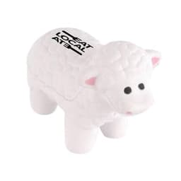 A white sheep-shaped stress reliever with a textured design and black branding on its side.