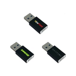 A set of three black USB data blockers with different logos, featuring standard USB connectors.