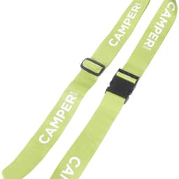 A bright green poly ribbed luggage belt with a buckle and a logo.