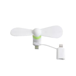 A 2 in 1 smart phone fan in white and green, with connectors for smartphones and a compact design.