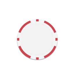 A round poker chip in white with red accents around the edges. It has a smooth surface and no visible branding.