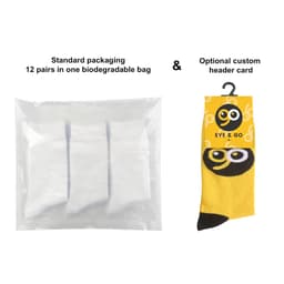 A clear bag containing 12 pairs of bamboo socks, featuring a colourful sock with a playful design.