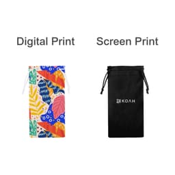 Two RPET lens pouches: one with a colourful digital print featuring leaves and patterns, and the other in black with a logo.