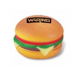 A hamburger-shaped stress reliever in yellow and brown, with red and green detailing, featuring a logo on top.