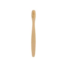 A small bamboo toothbrush with a light brown handle and bristles at one end, featuring a simple design.