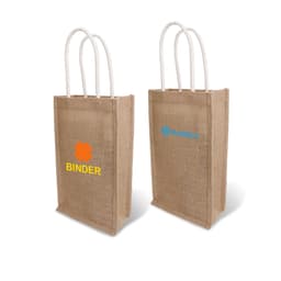 A jute double wine carrier in natural brown with two handles, featuring a logo on each side.