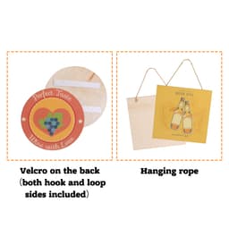 A wooden sign board (30x30cm) featuring a colourful design and a hanging rope, with Velcro on the back.