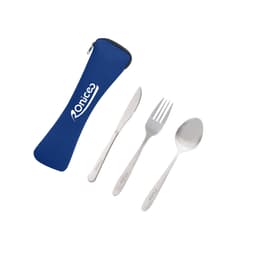 A blue zippered case containing three stainless steel utensils: a knife, fork, and spoon.