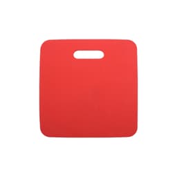 A red promotional stadium seat cushion with a cut-out handle. It has a smooth surface and no visible branding.