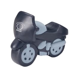 A black and grey motorcycle-shaped stress reliever, featuring a logo on the side.