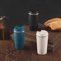 A drink bottle set featuring stainless steel travel mugs in blue, black, and white, with a textured design and lids.