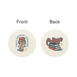 A round absorbent paper coaster featuring playful illustrations and text in colours of cream, blue, and orange.