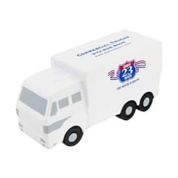 A white stress reliever shaped like a delivery van, featuring black wheels and a simple design.