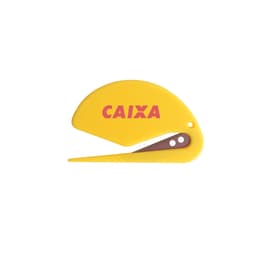 A yellow letter opener with a curved design and a brown accent, featuring a branding logo.