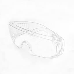 Clear anti-fog safety protective goggles with a streamlined design, featuring a logo on the side.