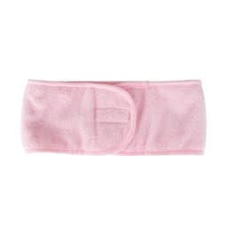 A pink promotional headband made from soft material, featuring a textured surface and a wrap-around design.