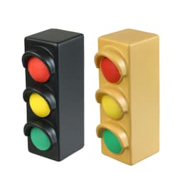 A black and gold traffic light-shaped stress reliever featuring red, yellow, and green elastic buttons.