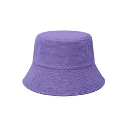 A purple reversible bucket hat made of dual materials, featuring a textured surface and a branded logo.