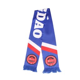 A blue and white knitted polyester scarf with red accents and tassels, featuring a logo.