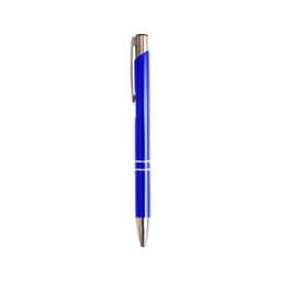 A blue aluminium click pen with a sleek silver trim and a logo on the clip.