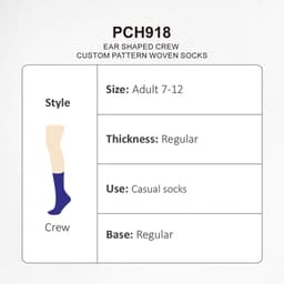 A pair of ear-shaped crew socks in purple, featuring a custom woven pattern and a regular thickness.