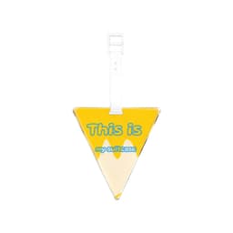 A triangular acrylic luggage tag in yellow with a clear strap and a logo.