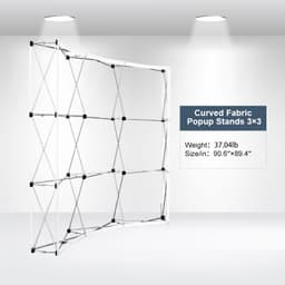 Curved fabric popup display stand in white, featuring a lightweight, collapsible frame with a prominent logo.