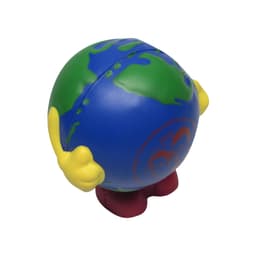 A cartoon-style stress reliever shaped like Earth, featuring blue and green colours with yellow and red accents.