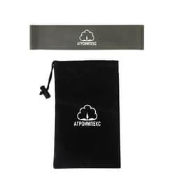 A grey latex fitness resistance band and a black drawstring bag featuring a logo.