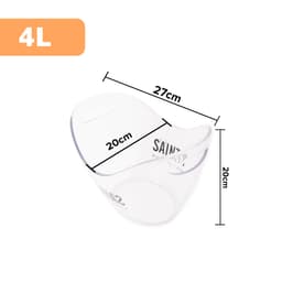 A transparent 4L ice bucket with rounded edges, measuring 27cm in width and 20cm in height, featuring a logo.