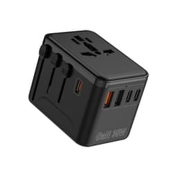 A compact black 35W GaN universal travel adapter with multiple USB ports and a power outlet. It features a logo.