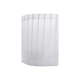 A disposable non-woven chef hat in white, featuring a pleated design and an adjustable band. It has a logo.