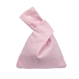 A pink cotton wrist bag with a unique twisted top design. It features a simple, solid colour and a logo.