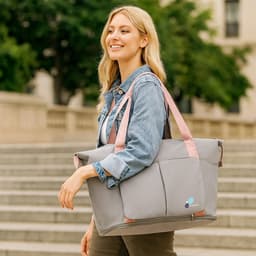 A grey foldable sports duffle bag with pink straps, carried by a smiling woman outdoors. It features a logo.
